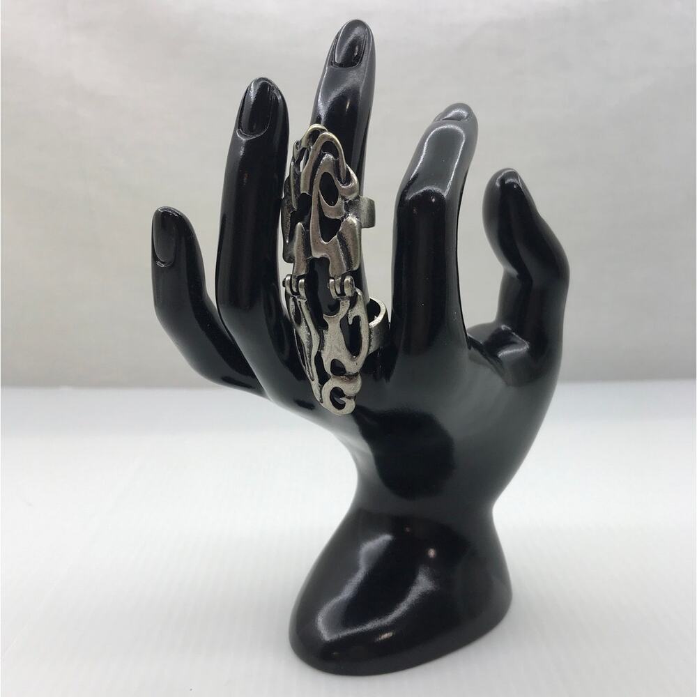 Y2K Gothic Medieval Armor Silver Statement Articulated Full Finger Ring 8.25